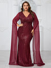 Giffniseti Plus Size Sparkly Cross V-Neck Chiffon Long Sleeve Mermaid Evening Dress-FMGT1100