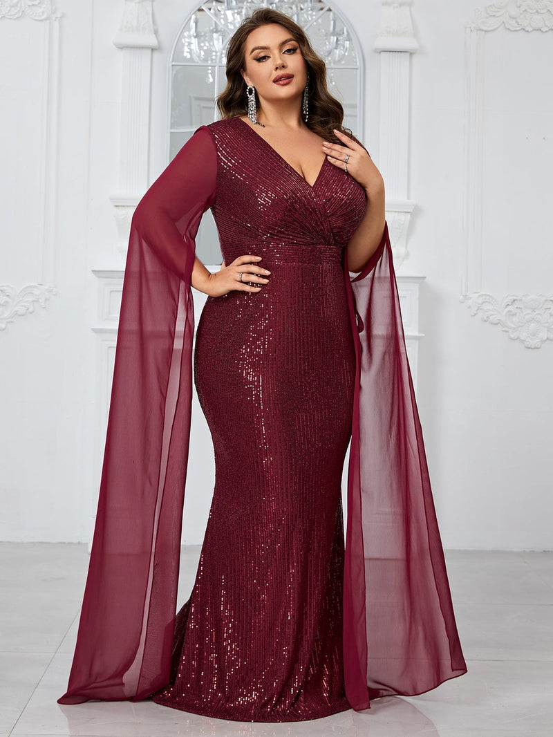 Giffniseti Plus Size Sparkly Cross V-Neck Chiffon Long Sleeve Mermaid Evening Dress-FMGT1100