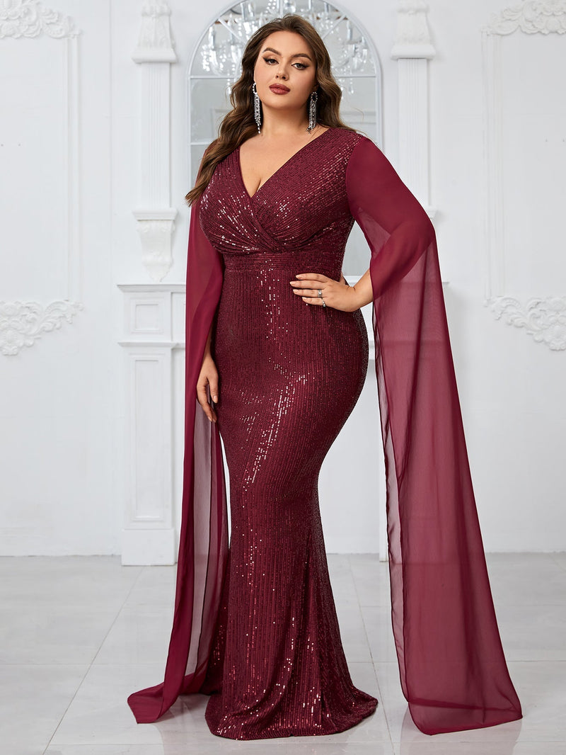 Giffniseti Plus Size Sparkly Cross V-Neck Chiffon Long Sleeve Mermaid Evening Dress-FMGT1100