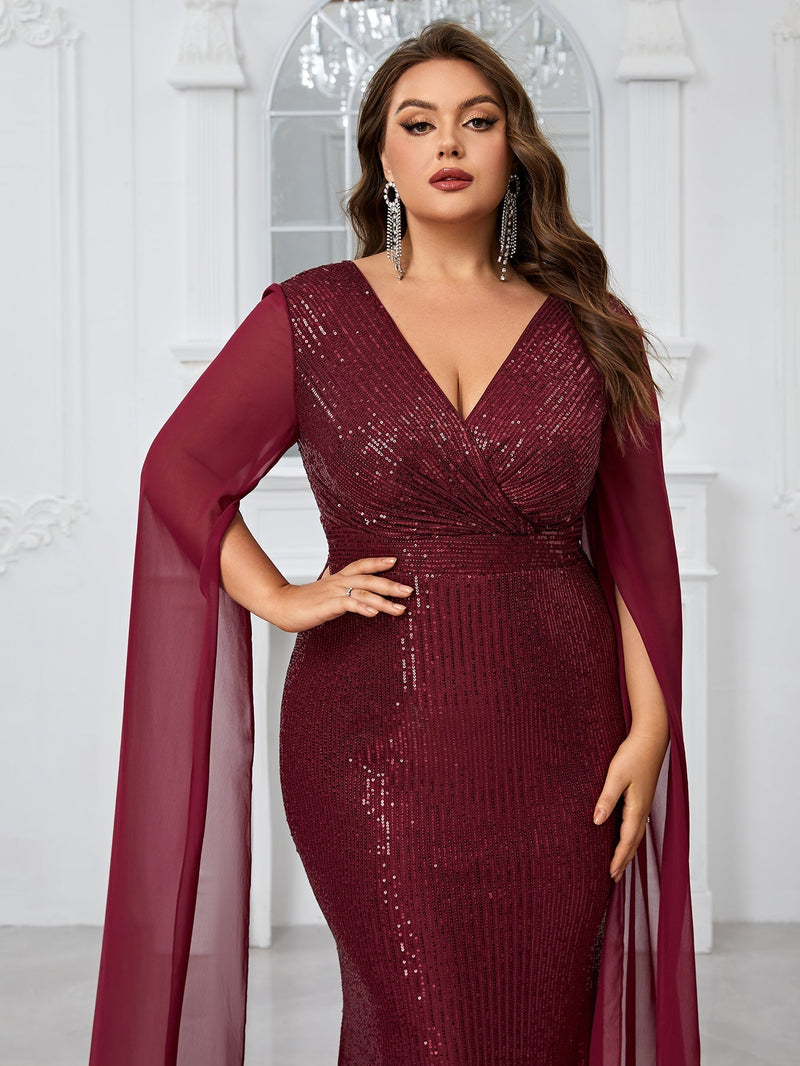 Giffniseti Plus Size Sparkly Cross V-Neck Chiffon Long Sleeve Mermaid Evening Dress-FMGT1100