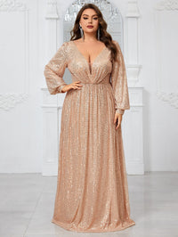 Giffniseti Plus Size Women'S Sparkly Deep V-Neck Lantern Sleeve Party Evening Dress-FMGT933