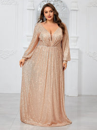 Giffniseti Plus Size Women'S Sparkly Deep V-Neck Lantern Sleeve Party Evening Dress-FMGT933