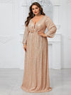 Giffniseti Plus Size Women'S Sparkly Deep V-Neck Lantern Sleeve Party Evening Dress-FMGT933