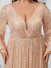 Giffniseti Plus Size Women'S Sparkly Deep V-Neck Lantern Sleeve Party Evening Dress-FMGT933