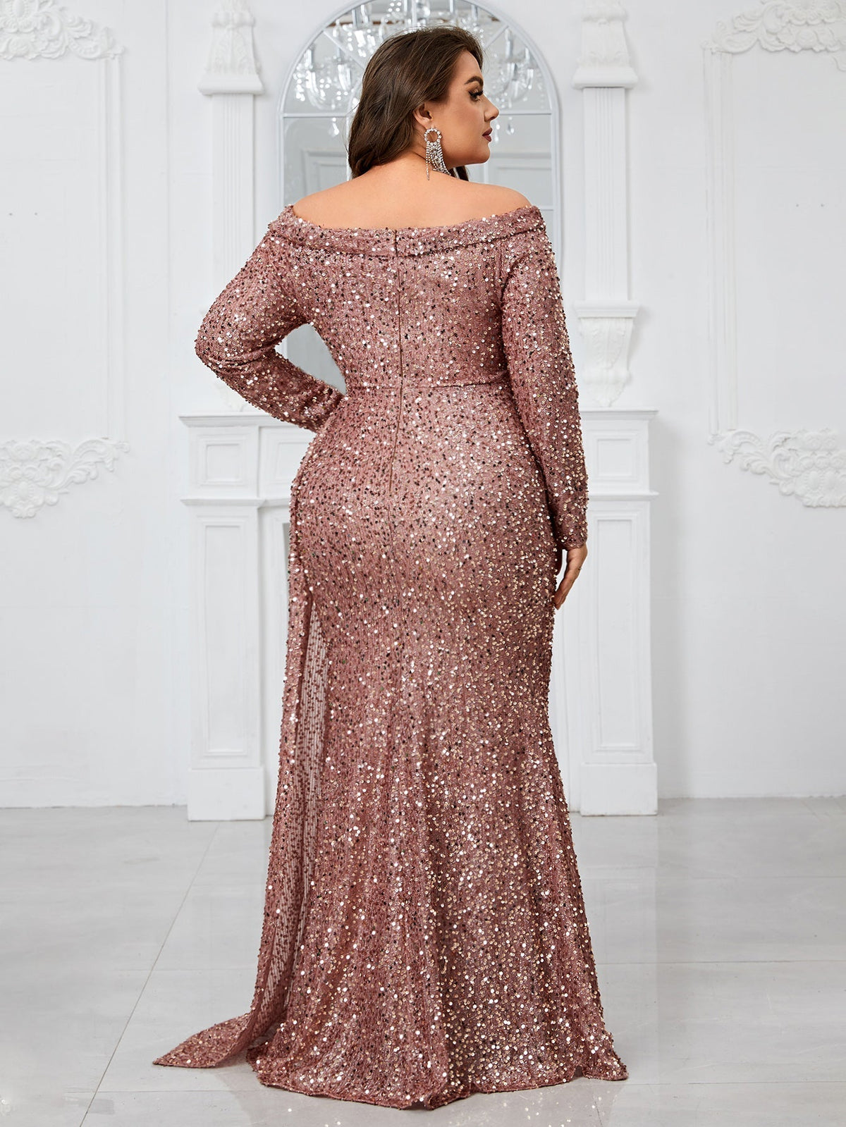 Giffniseti Ladies' Plus Size Glitter Off Shoulder Long Sleeve Elegant Sexy Dress For Evening Party-FMGW480-1