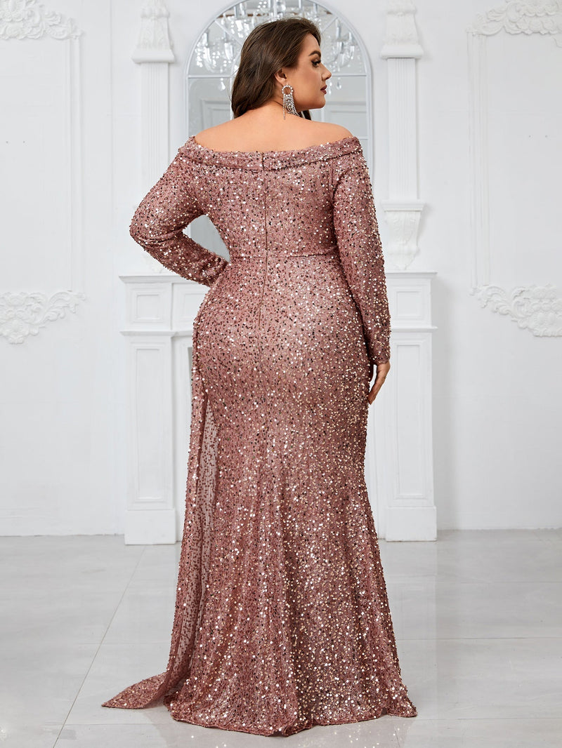 Giffniseti Ladies' Plus Size Glitter Off Shoulder Long Sleeve Elegant Sexy Dress For Evening Party-FMGW480-1