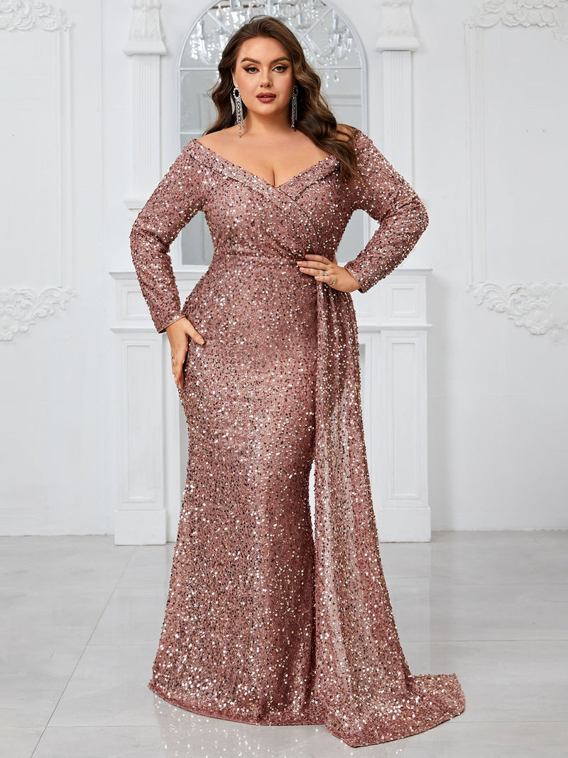 Giffniseti Ladies' Plus Size Glitter Off Shoulder Long Sleeve Elegant Sexy Dress For Evening Party-FMGW480-1