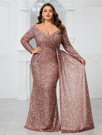 Giffniseti Ladies' Plus Size Glitter Off Shoulder Long Sleeve Elegant Sexy Dress For Evening Party-FMGW480-1