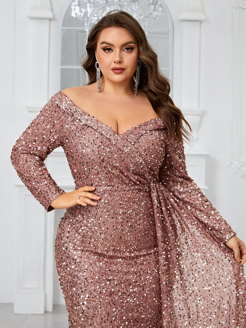 Giffniseti Ladies' Plus Size Glitter Off Shoulder Long Sleeve Elegant Sexy Dress For Evening Party-FMGW480-1