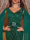 Giffniseti Contrast Sequin Cloak Sleeve Belted Formal Dress-MGN646-1