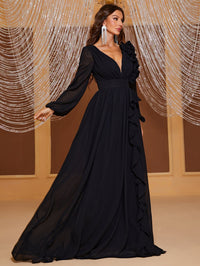 Giffniseti Plunging Neck Ruffle Trim Lantern Sleeve Dress-SSN228