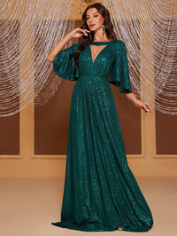 Giffniseti Keyhole Neck Butterfly Sleeve Sequin Formal Dress-SST2090