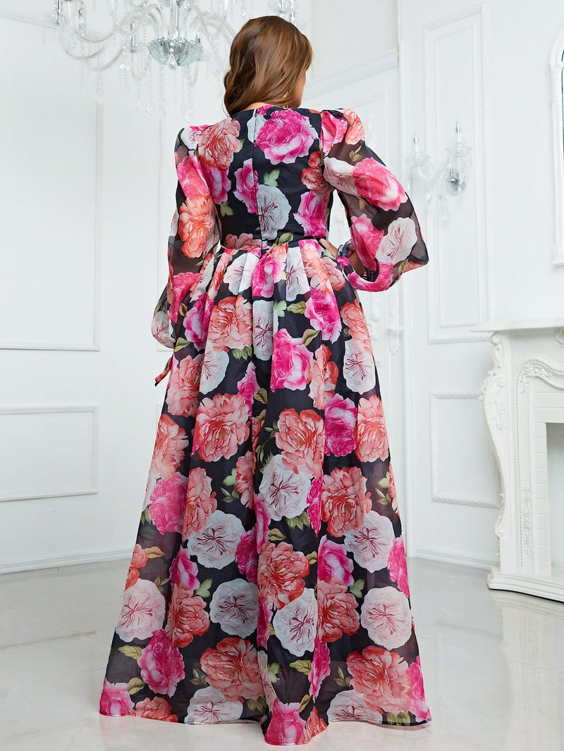 Plus Floral Print Lantern Sleeve Dress-FMGN152-1