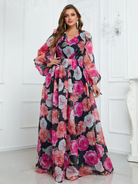 Plus Floral Print Lantern Sleeve Dress-FMGN152-1