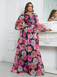 Plus Floral Print Lantern Sleeve Dress-FMGN152-1