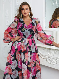 Plus Floral Print Lantern Sleeve Dress-FMGN152-1