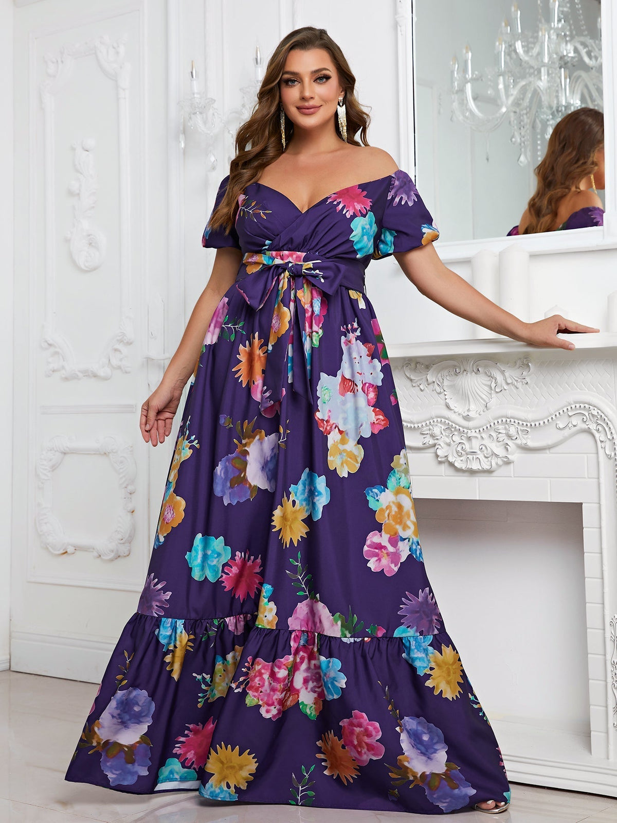 Plus Floral Print Off Shoulder Ruffle Hem Belted Dress-FSSN070-1