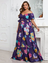 Plus Floral Print Off Shoulder Ruffle Hem Belted Dress-FSSN070-1