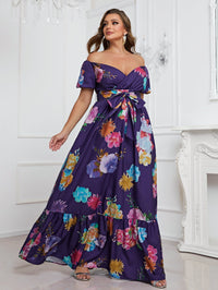 Plus Floral Print Off Shoulder Ruffle Hem Belted Dress-FSSN070-1