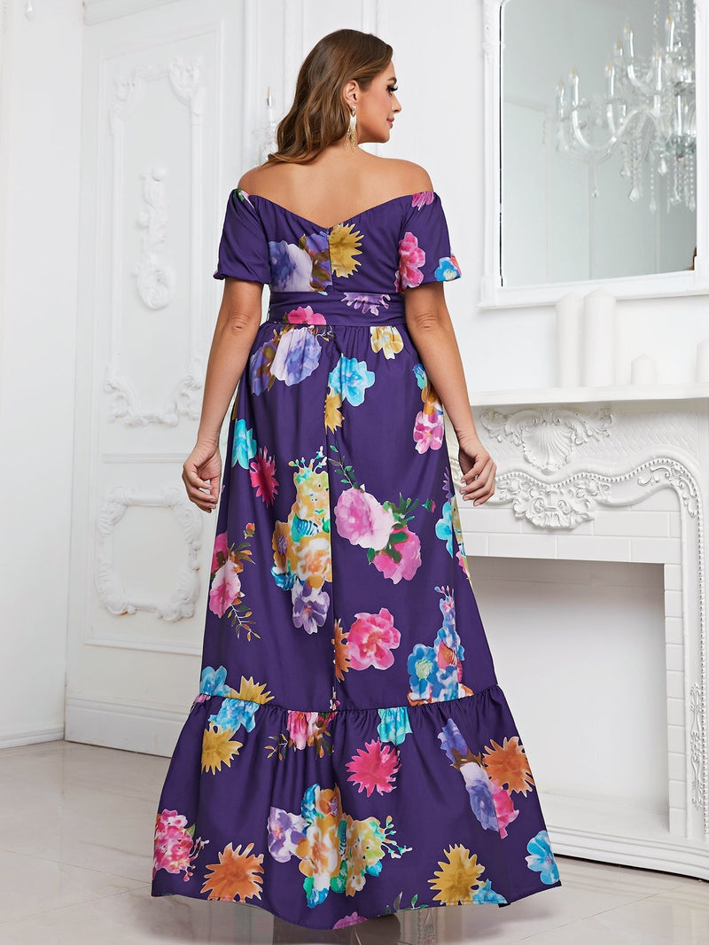 Plus Floral Print Off Shoulder Ruffle Hem Belted Dress-FSSN070-1