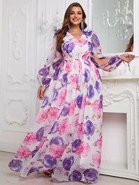 Plus Floral Print Split Sleeve Chiffon Maxi Dress-FMGN152-2