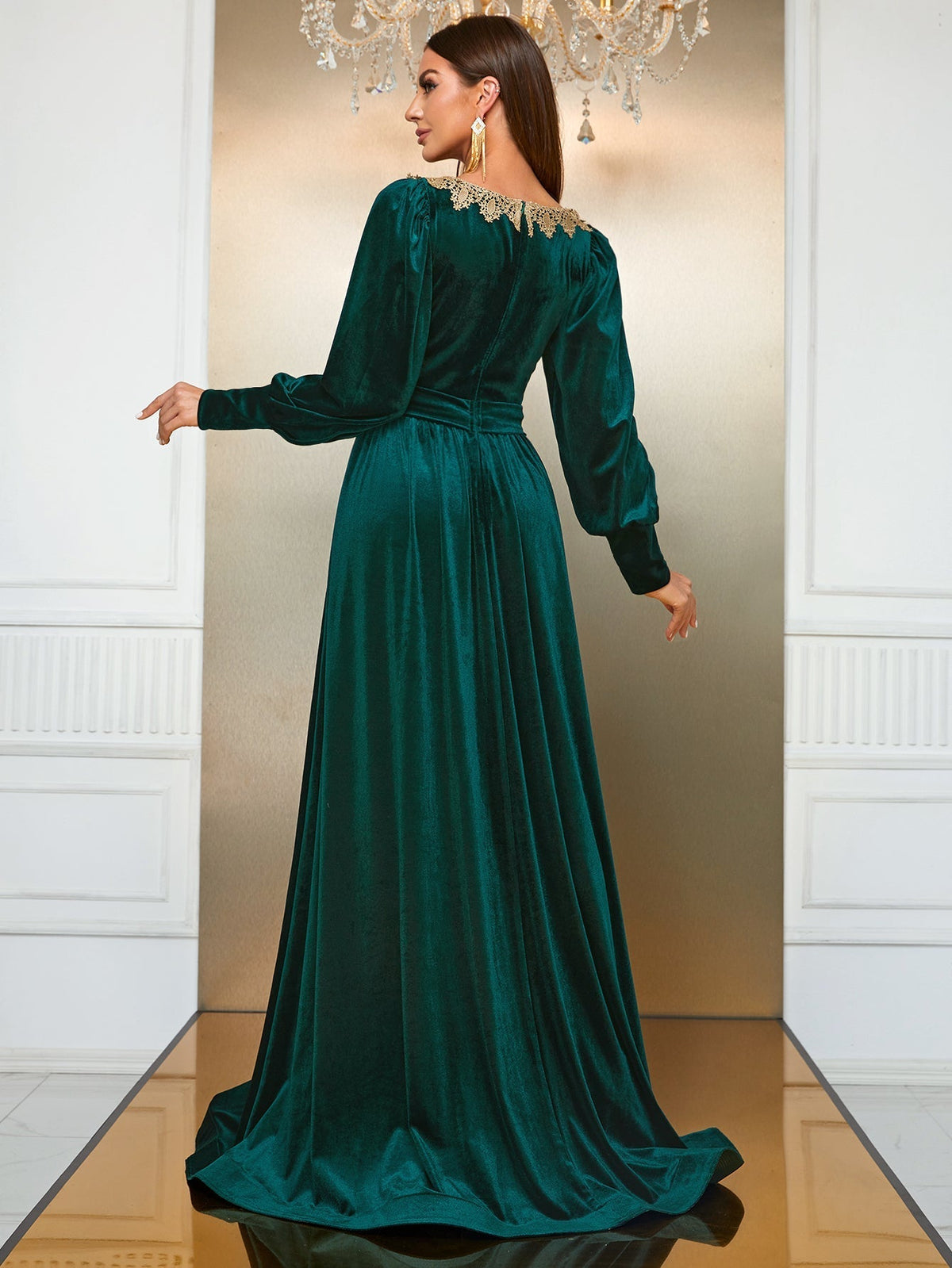 Giffniseti Sweetheart Neck Lantern Sleeve Belted Velvet Dress-SSL6149