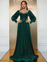 Giffniseti Sweetheart Neck Lantern Sleeve Belted Velvet Dress-SSL6149