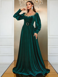 Giffniseti Sweetheart Neck Lantern Sleeve Belted Velvet Dress-SSL6149