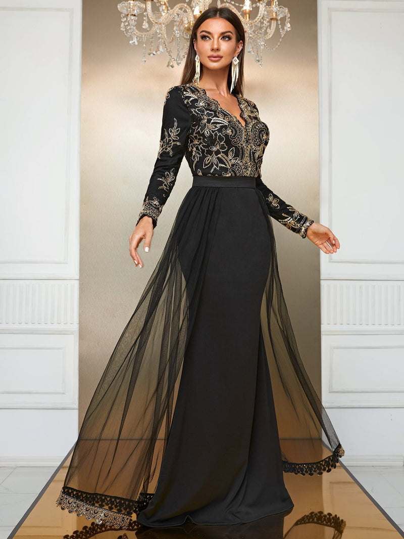 Giffniseti Floral Embroidery Mesh Overlay Formal Dress-MG787