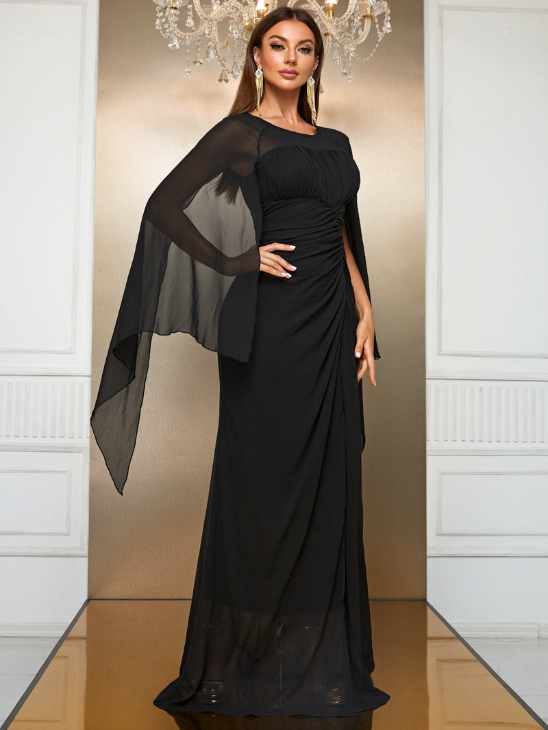 Giffniseti Cloak Sleeve Ruched Split Thigh Chiffon Dress-SS312-1