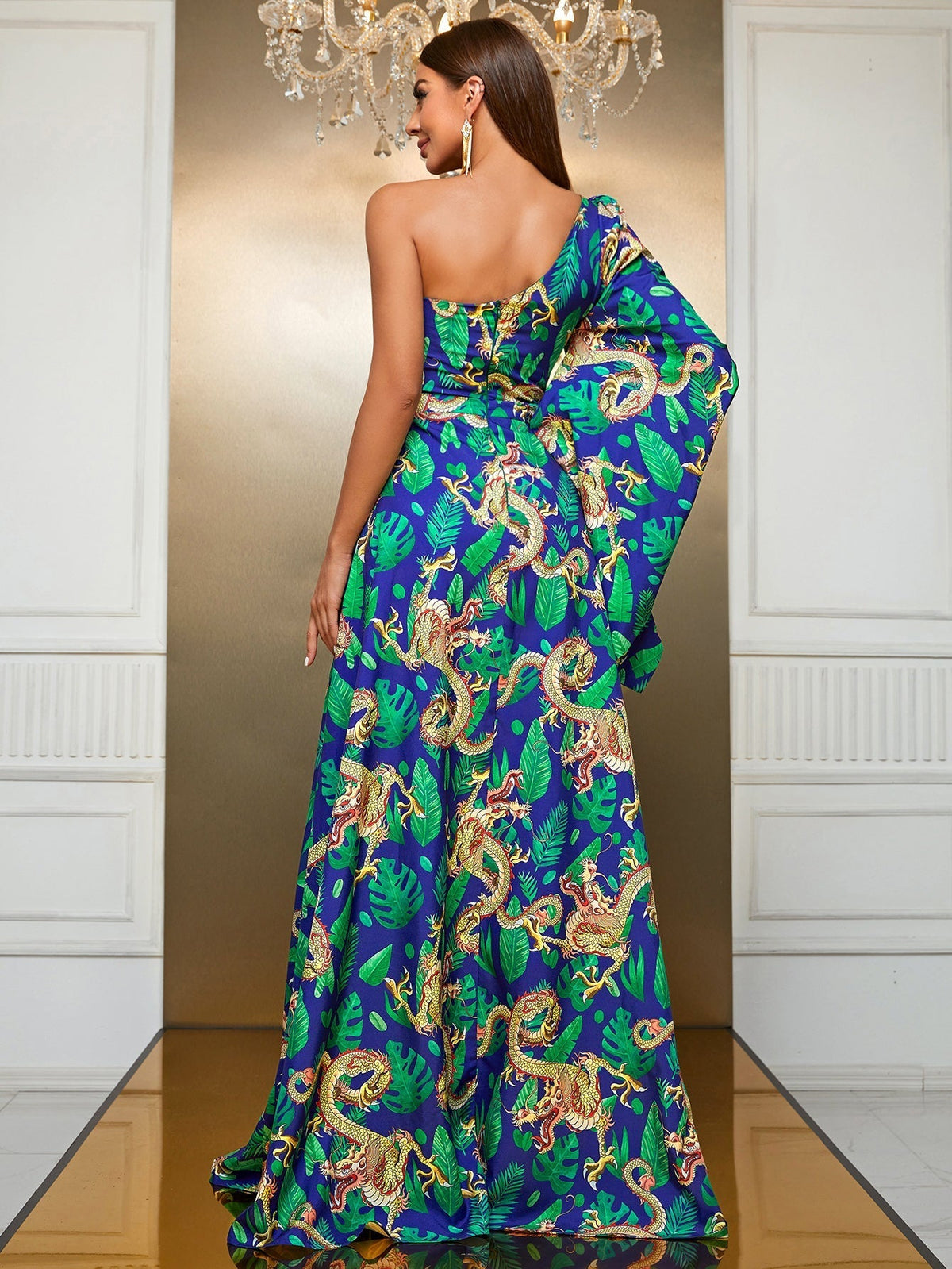 Giffniseti Dragon & Tropical Print One Shoulder Trumpet Sleeve Split Thigh Dress-SS343-1