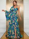 Giffniseti Dragon & Tropical Print One Shoulder Trumpet Sleeve Split Thigh Dress-SS343-1