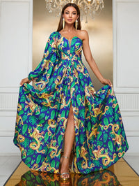 Giffniseti Dragon & Tropical Print One Shoulder Trumpet Sleeve Split Thigh Dress-SS343-1