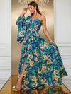 Giffniseti Dragon & Tropical Print One Shoulder Trumpet Sleeve Split Thigh Dress-SS343-1