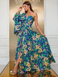 Giffniseti Dragon & Tropical Print One Shoulder Trumpet Sleeve Split Thigh Dress-SS343-1