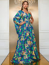 Giffniseti Dragon & Tropical Print One Shoulder Trumpet Sleeve Split Thigh Dress-SS343-1