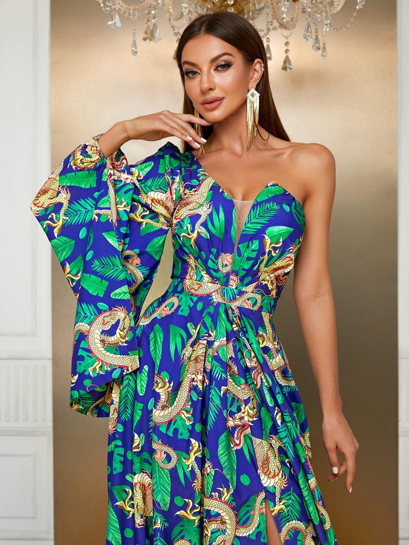 Giffniseti Dragon & Tropical Print One Shoulder Trumpet Sleeve Split Thigh Dress-SS343-1