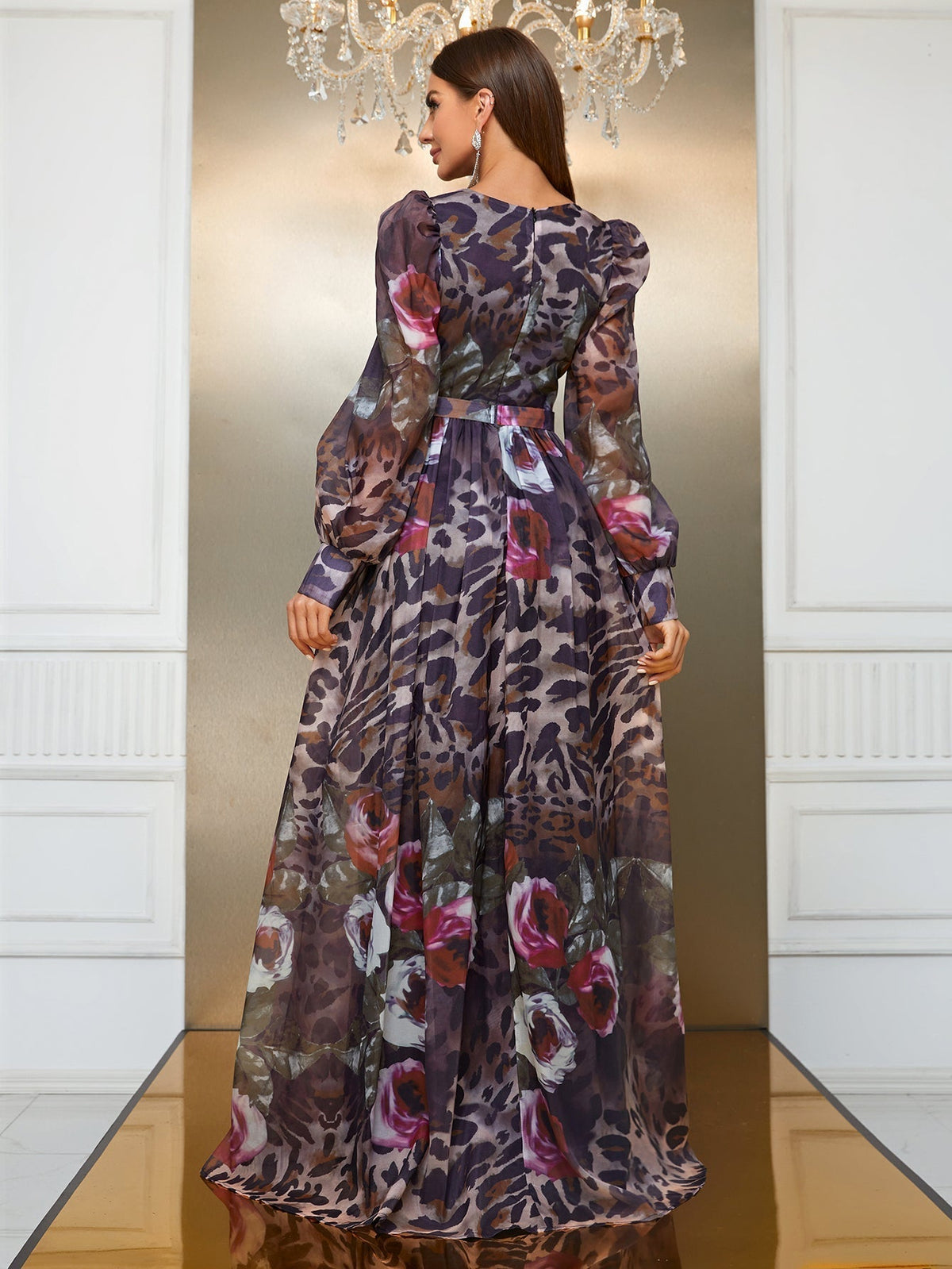 Giffniseti Leopard & Floral Print Lantern Sleeve Chiffon Dress-MGN811