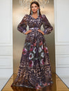 Giffniseti Leopard & Floral Print Lantern Sleeve Chiffon Dress-MGN811