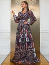 Giffniseti Leopard & Floral Print Lantern Sleeve Chiffon Dress-MGN811