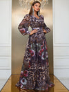 Giffniseti Leopard & Floral Print Lantern Sleeve Chiffon Dress-MGN811