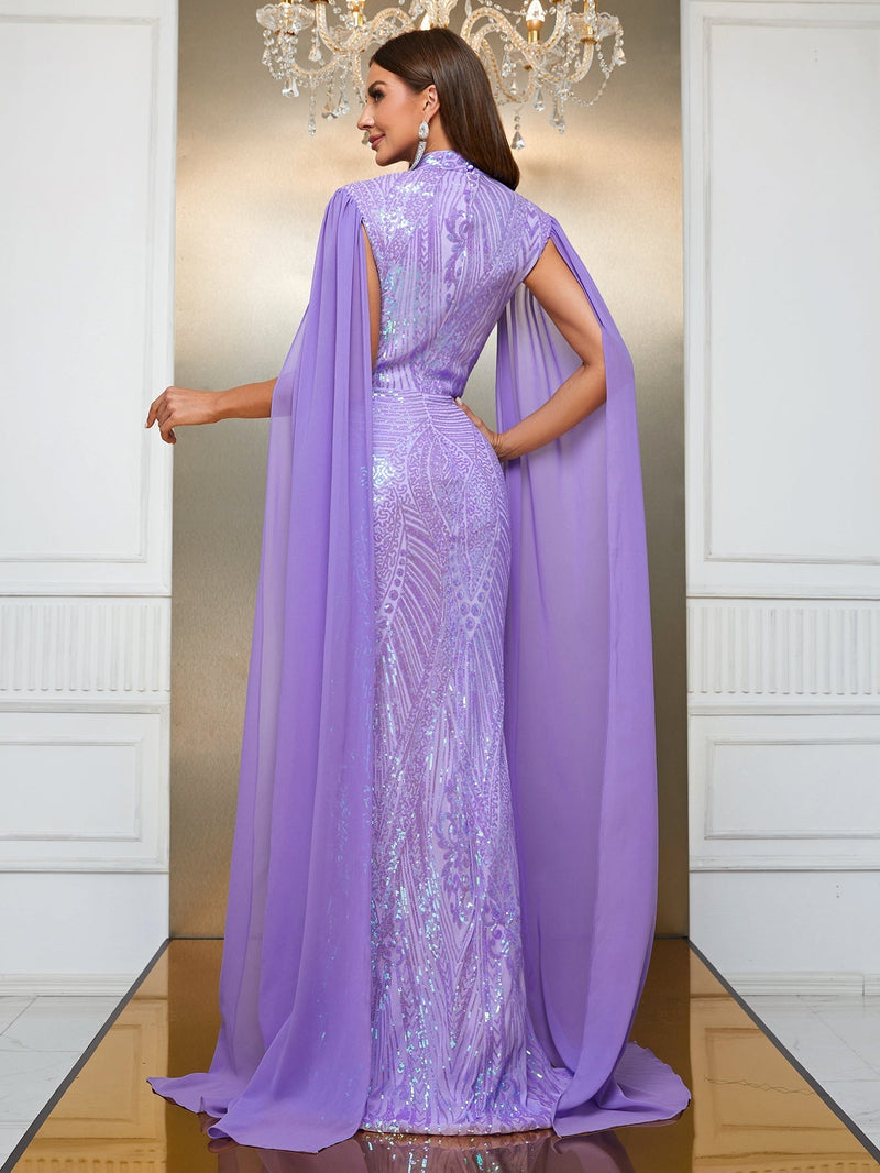 Giffniseti Contrast Sequin Cloak Sleeve Mermaid Hem Formal Dress-MGT790