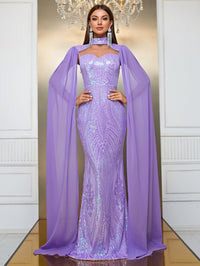 Giffniseti Contrast Sequin Cloak Sleeve Mermaid Hem Formal Dress-MGT790