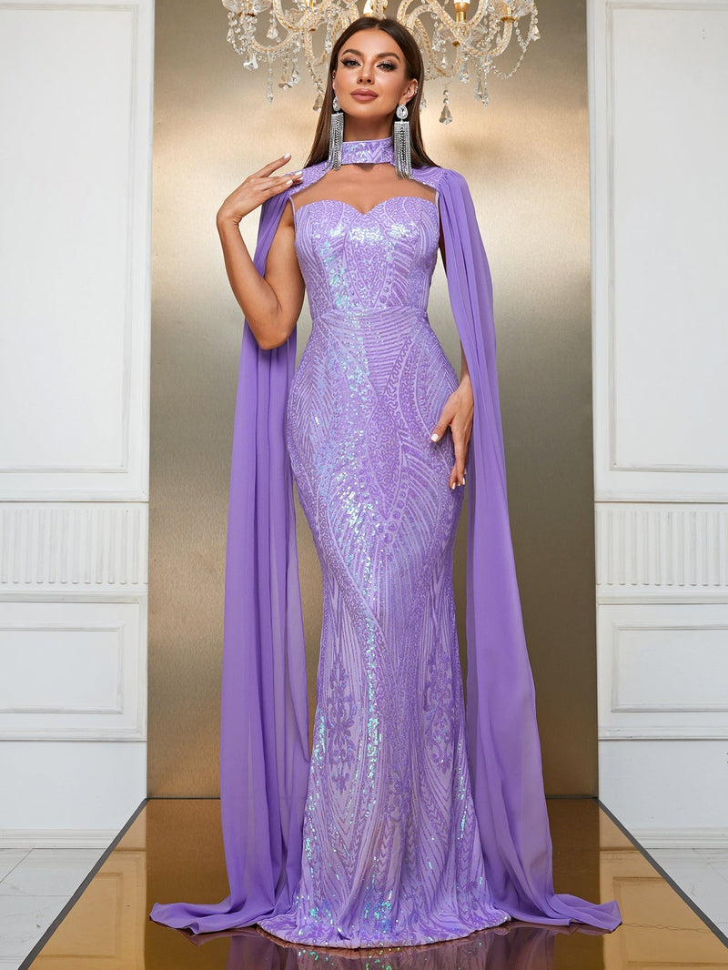 Giffniseti Contrast Sequin Cloak Sleeve Mermaid Hem Formal Dress-MGT790