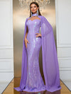 Giffniseti Contrast Sequin Cloak Sleeve Mermaid Hem Formal Dress-MGT790