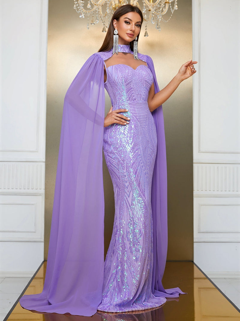 Giffniseti Contrast Sequin Cloak Sleeve Mermaid Hem Formal Dress-MGT790