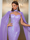 Giffniseti Contrast Sequin Cloak Sleeve Mermaid Hem Formal Dress-MGT790