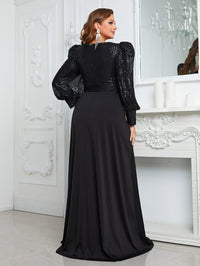 Giffniseti Plus Sequin Insert Lantern Sleeve Belted Maxi Formal Dress-FMGW812