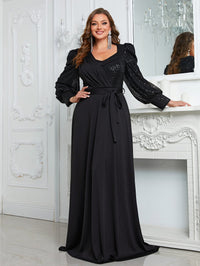 Giffniseti Plus Sequin Insert Lantern Sleeve Belted Maxi Formal Dress-FMGW812