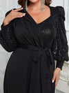 Giffniseti Plus Sequin Insert Lantern Sleeve Belted Maxi Formal Dress-FMGW812